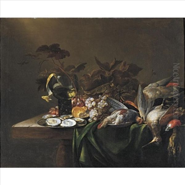 Still Life With Game Birds, A Plate Of Oysters, And Grapes, All Resting On A Draped Table Oil Painting by Michiel Simons