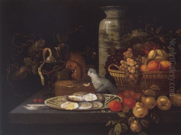 A Banketje Still Life With Fruit, Oysters And A Parrot Arranged Upon A Stone Table Top Oil Painting by Michiel Simons