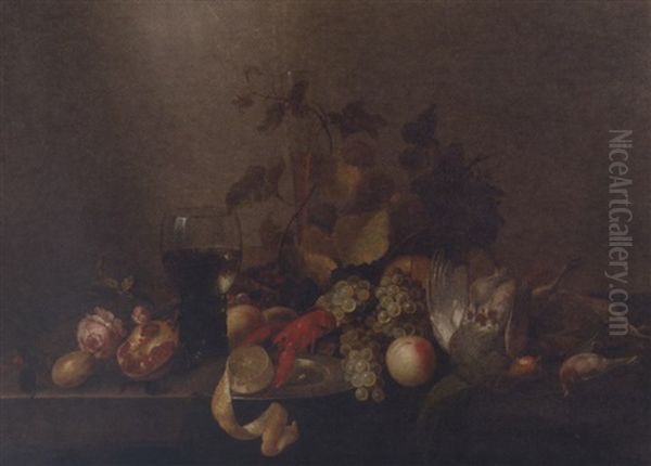 A Rose, A Pomegranate, A Glass Flute, Grapes, A Partly Peeled Lemon On A Silver Plate, A Roemer, A Lobster, Peaches, A Pheasant And Other Birds On A Partly-draped Table by Michiel Simons