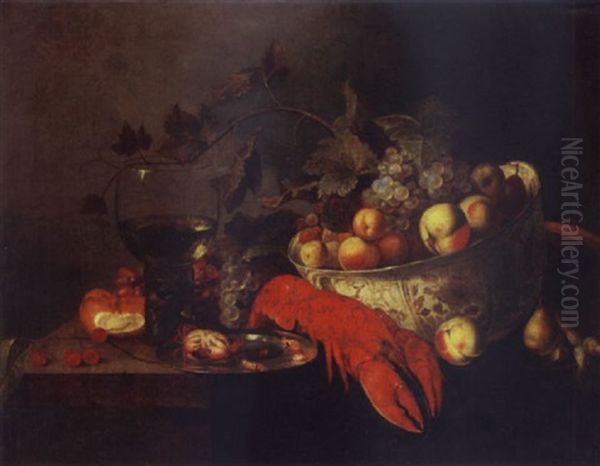 A Still Life With Grapes, Apples, And Peaches In A Wan-li Bowl, A Lobster, Crayfish On A Pewter Plater Together With Other Items On A Draped Table Oil Painting by Michiel Simons