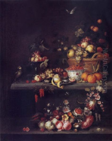 Fleurs Et Fruits Sur Un Entablement Oil Painting by Michiel Simons