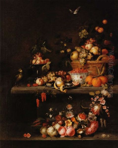 Nature Morte De Fleurs Et De Fruits Sur Un Entablement De Pierre by Michiel Simons