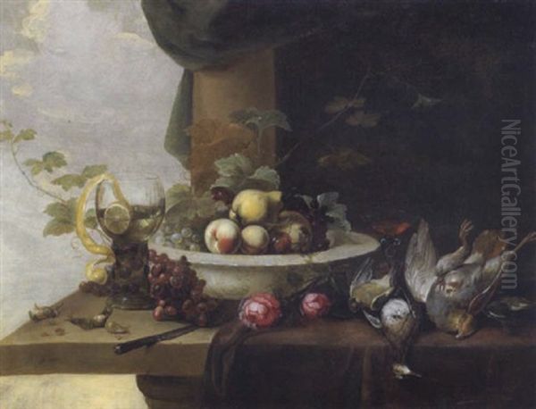 Stilleben Mit Pfirschen, Birnen Und Weintrauben In Einer Schale Aus Ming Porzellan, Einem Mit Wein Gefullten Romer Und Erlegtem Federwild Oil Painting by Michiel Simons