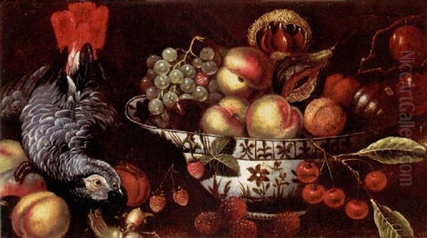 Still Life With Peaches, Figs, Grapes And Plums In A Blue And White Porcelain Bowl, Together With Other Fruit And A Grey Parrot Oil Painting by Michiel Simons