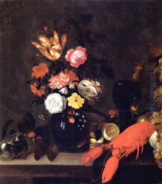 A Still Life With Tulips, Carnations, Roses, Lilies-of-the-valley In A Glass Vase, A Nautilus Shell, A Lobster, A Lemon On A Wooden Table Oil Painting by Michiel Simons