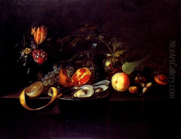 Huitres, Fleurs Et Fruits Sur Un Entablement Oil Painting by Michiel Simons