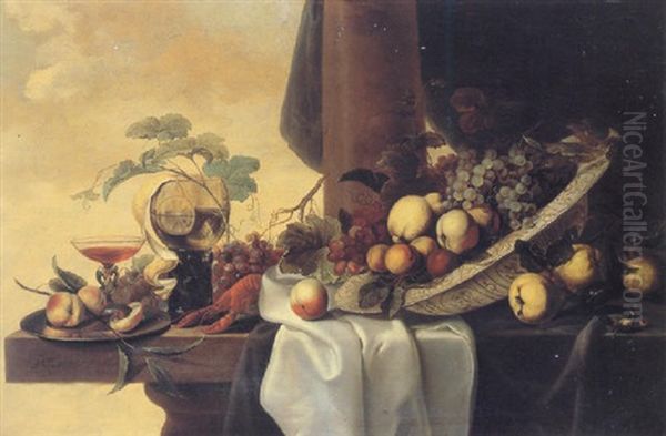 Still Life Of A Roemer, A Wine Glass, Peaches, Bunches Of Grapes, A Lobster And A Bowl Of Fruit All Resting On A Table Oil Painting by Michiel Simons