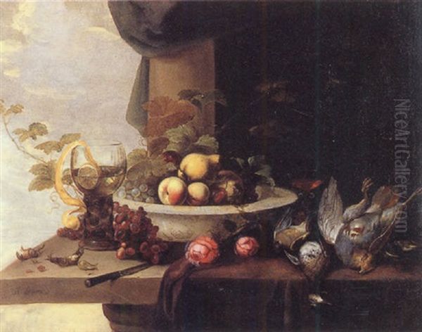 Fruit In A Porcelain Bowl, A Peeled Lemon In A Roemer, A Wine Glass, A Knife, Roses, Grapes And Game Birds On A Ledge Oil Painting by Michiel Simons