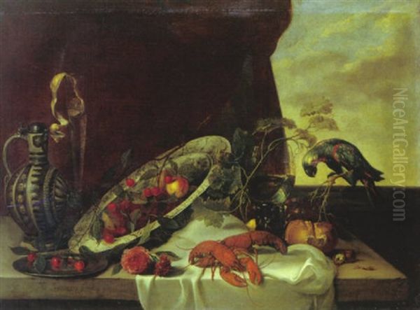 Nature Morte Aux Crustaces, Plat, Perroquet Sur Un Entablement Oil Painting by Michiel Simons