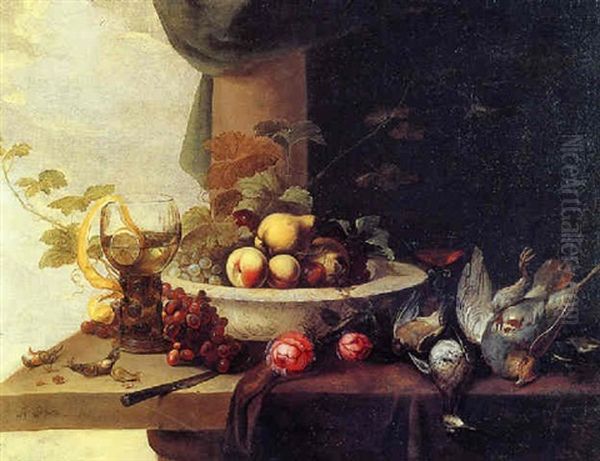 Fruit In A Porcelain Bowl, A Peeled Lemon In A Roemer, A Wine Glass, A Knife, Roses, Grapes And Dead Birds On A Ledge Oil Painting by Michiel Simons