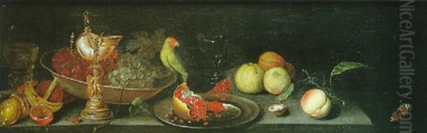 Nature Morte Au Vase Nautile, Plat De Raisins, Fruits Et Perroquet Sur Un Entablement Oil Painting by Michiel Simons