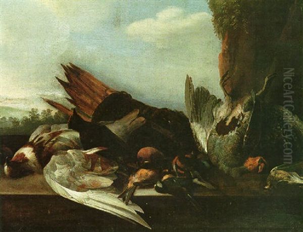 A Still Life Of Various Birds On A Stone Ledge, A Mountainous Landscape Beyond Oil Painting by Michiel Simons