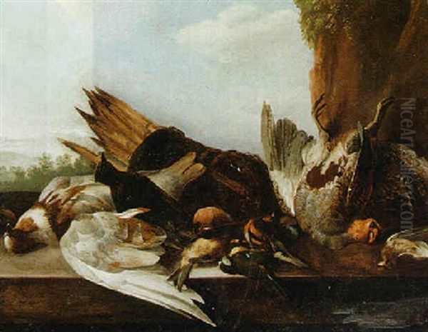 Still Life Of Various Birds On A Stone Ledge, A Mountainous Landscape Beyond Oil Painting by Michiel Simons