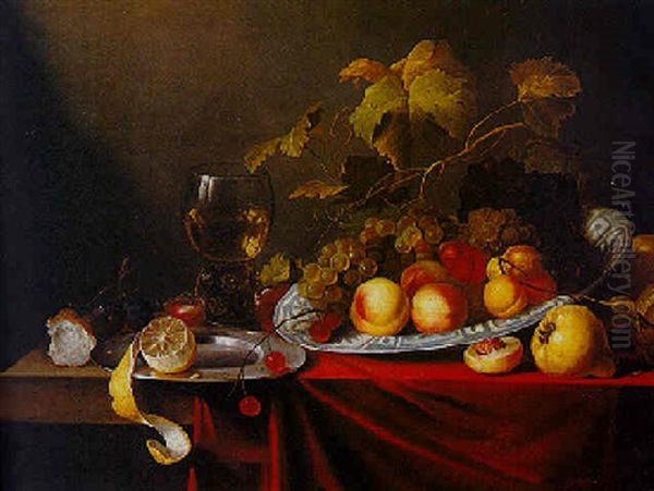 Nature Morte Aux Fruits, Verre De Vin Et Miche De Pain Poses Sur Un Entablement Oil Painting by Michiel Simons