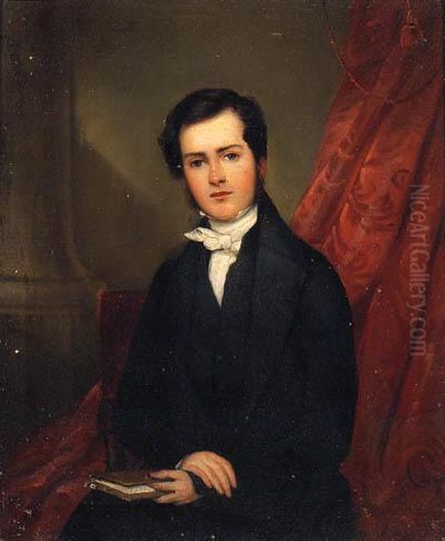 Portrait Of Richard Collinson, Seated Small Three-quarter-length,in A Black Suit, Holding A Book, In An Interior Oil Painting by William Bradley