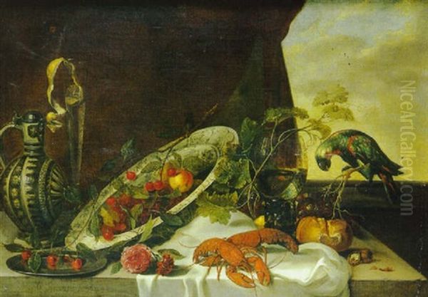 Nature Morte Aux Crustaces, Plat, Perroquet Sur Un Entablement Oil Painting by Michiel Simons