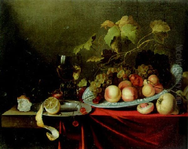 Grapes, Peaches And Other Fruit In A Bowl, Peeled Lemon On A Pewter Plate, Other Fruit On A Ledge Oil Painting by Michiel Simons