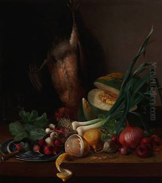 Still Life With Game Bird, Radishes, Lemons And Different Types Of Onions Oil Painting by Johanne Simonsen