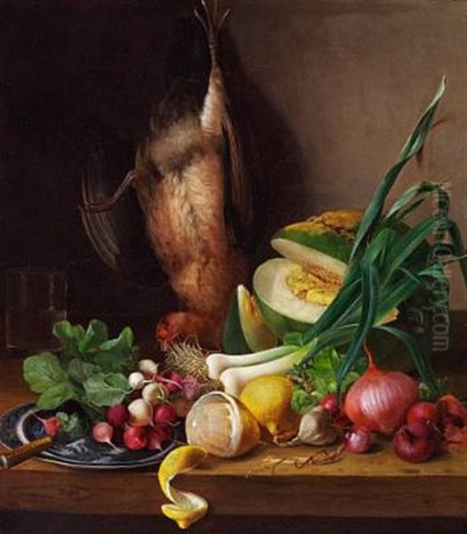 Still Life With Game Bird, Radishes, Lemons And Different Types Of Onions Oil Painting by Johanne Simonsen