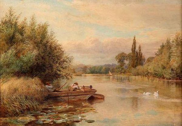 Figures Resting On A Hay Barge In Extensive River Landscape Oil Painting by William Bradley