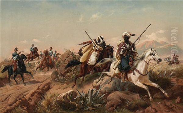 North African Landscape With Beduins In Battle With French Hussars Oil Painting by Niels Simonsen