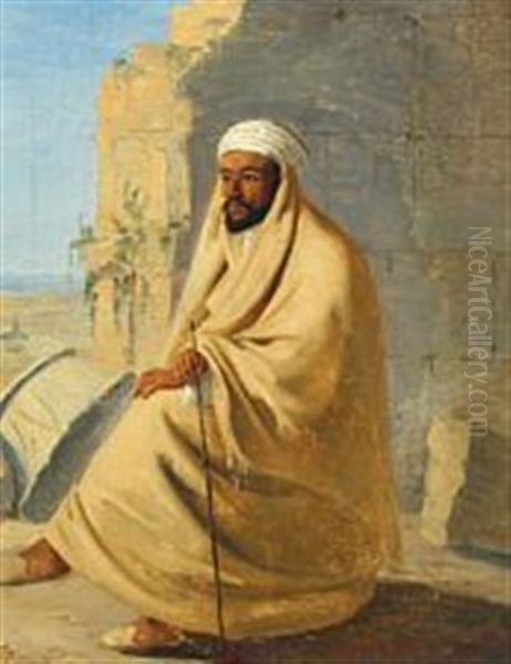 A Bedouin, Sitting In Dessert Ruins Oil Painting by Niels Simonsen