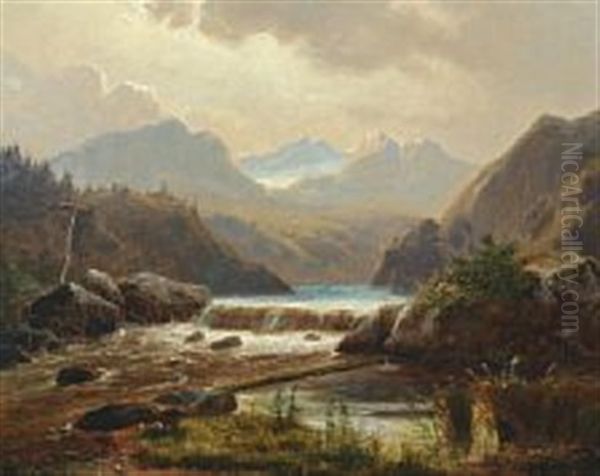 A South German Mountian Scene With River Oil Painting by Niels Simonsen