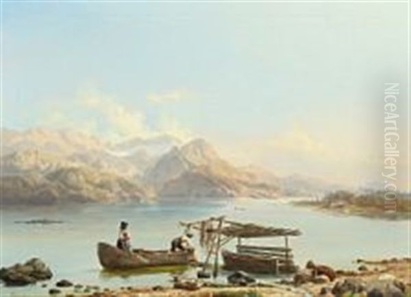 Fishermen On A Mountain Lake In The Alps Oil Painting by Niels Simonsen