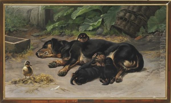 A Dachshund With Her Puppies Oil Painting by Simon Simonsen