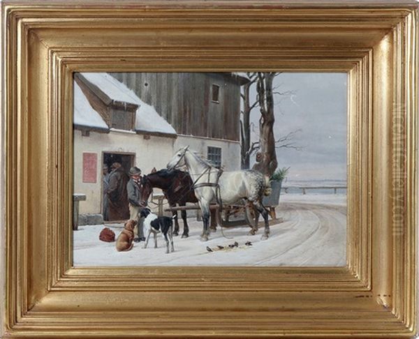 Horsedrawn Sled Outside An Inn Oil Painting by Simon Simonsen