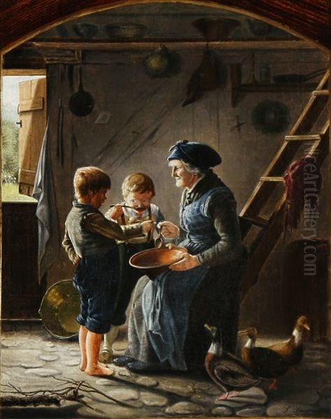 Interior With An Old Woman And Her Grandchildren Oil Painting by Simon Simonsen