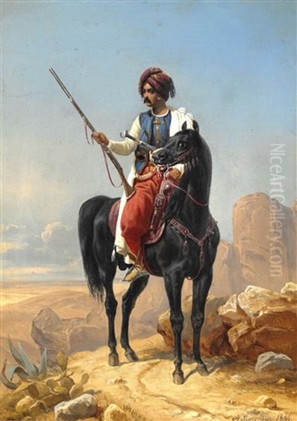 Zouave On Horseback In The Desert Oil Painting by Simon Simonsen