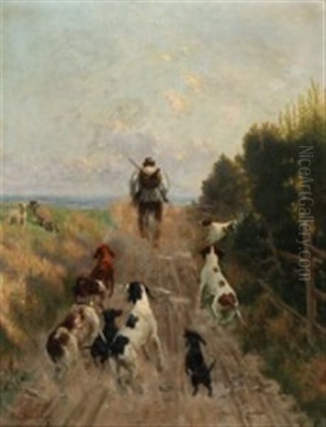 A Hunter Cycling Along With His Dogs Oil Painting by Simon Simonsen