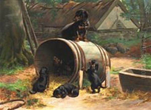 A Dachshund With Her Puppies Oil Painting by Simon Simonsen