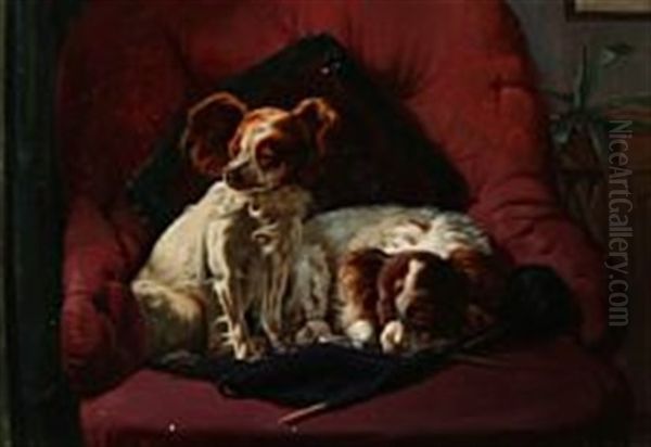 Two Dogs Resting In An Easy Chair Oil Painting by Simon Simonsen