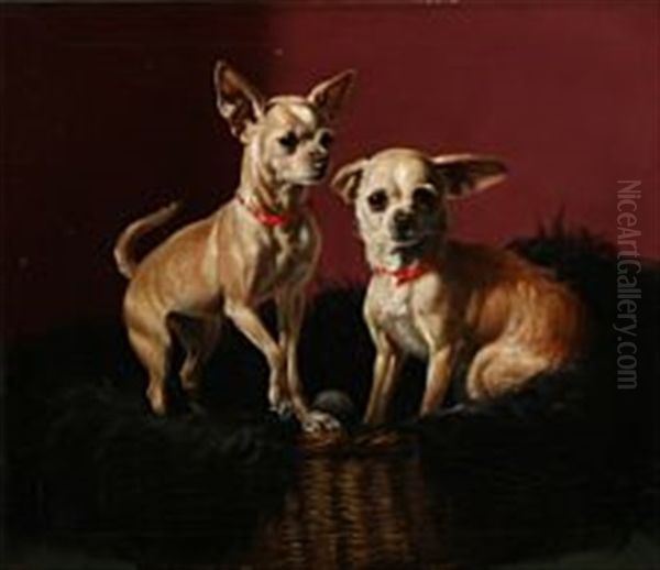 Two Attentive Chihuahua Dogs In A Basket Oil Painting by Simon Simonsen