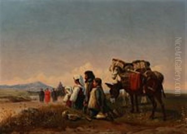 A Group Of Travellers Are Kneeling While A Procession Is Passing Oil Painting by Simon Simonsen