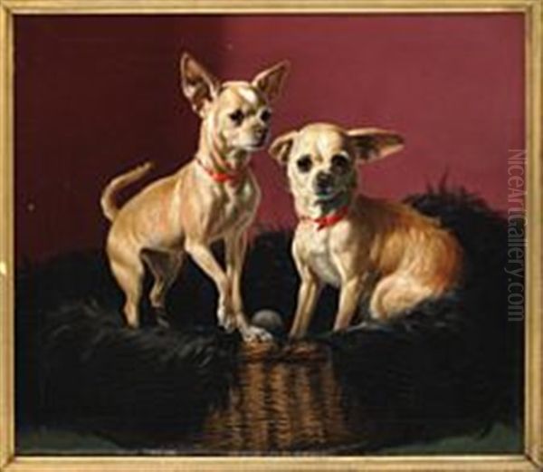 Two Attentive Chihuahua Dogs In A Basket Oil Painting by Simon Simonsen