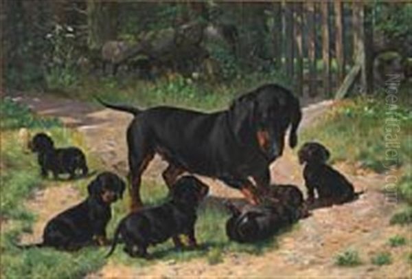 A Dachshund With Her Five Puppies Oil Painting by Simon Simonsen