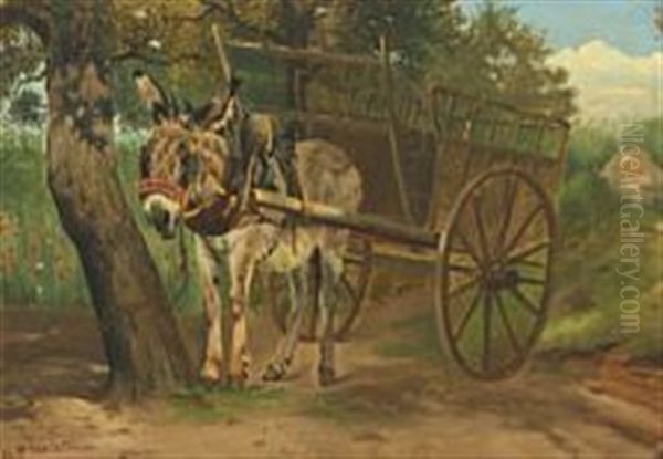 A Donkey Cart By A Tree Oil Painting by Simon Simonsen