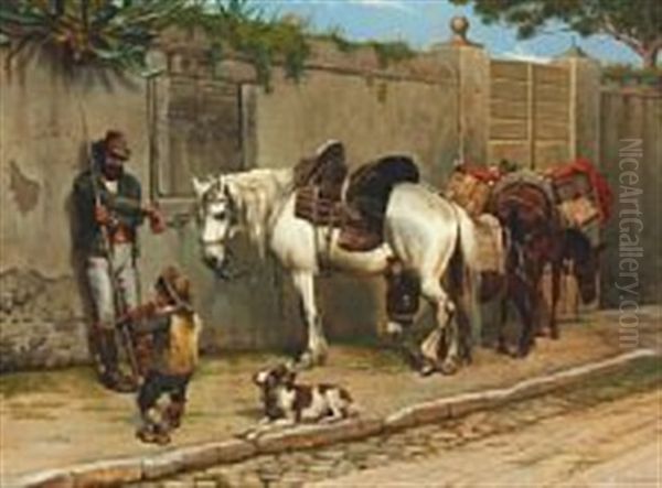 South European Street Scenery With Music Rendering Boy, A Dog, Horses And A Donkey by Simon Simonsen