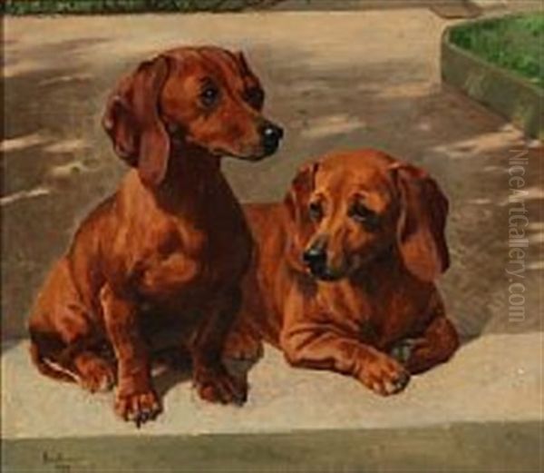 The Two Dachshund Puppies Grete Og Lady Oil Painting by Simon Simonsen