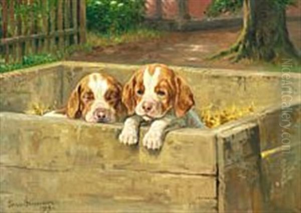 Two Pointer Puppies Oil Painting by Simon Simonsen