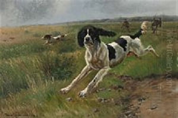 Paa Jagt. Landscape With An English Setter Oil Painting by Simon Simonsen