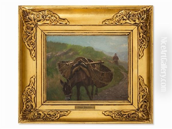 Donkey With Farmer Oil Painting by Simon Simonsen