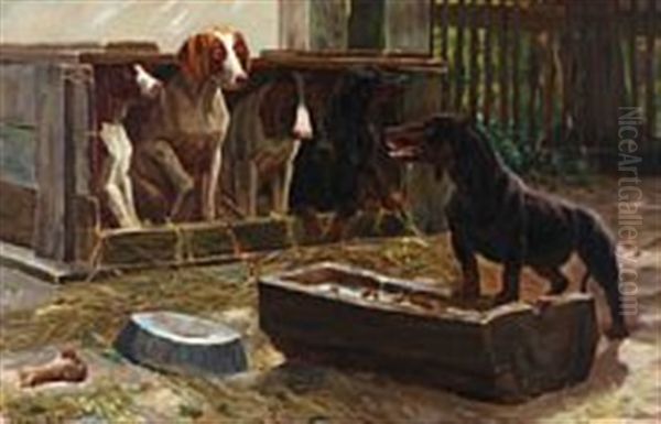 Fve Dogs Watching A Furious Dachshund Oil Painting by Simon Simonsen