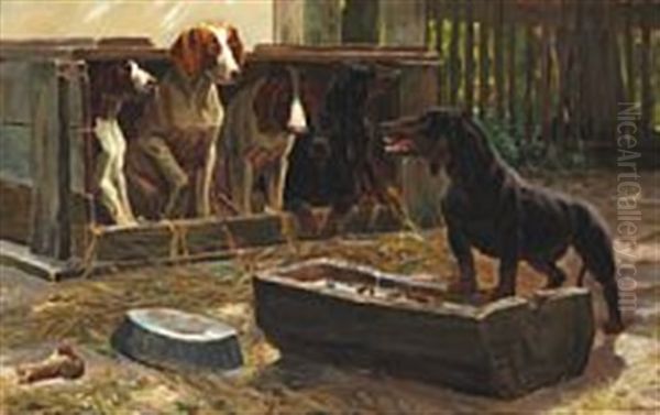 Fve Dogs Watching A Furious Dachshund Oil Painting by Simon Simonsen