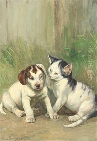 A Cat And A Puppy Making Friends Oil Painting by Simon Simonsen