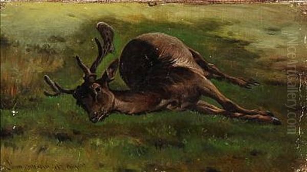 A Shot Deer Oil Painting by Simon Simonsen