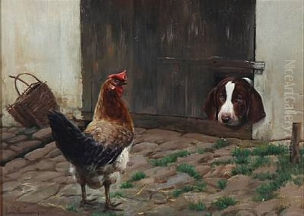 The Dog Looking At The Cock Oil Painting by Simon Simonsen